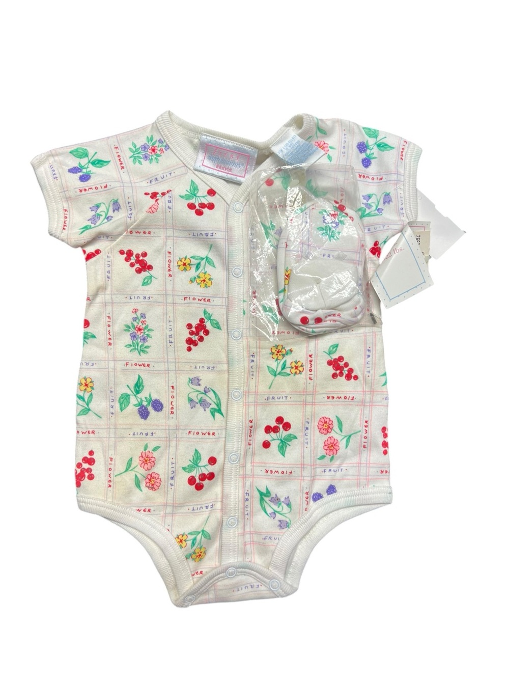 Vintage Kids One-Piece Bodysuit Cream Fruit & Floral Print Farmers Market